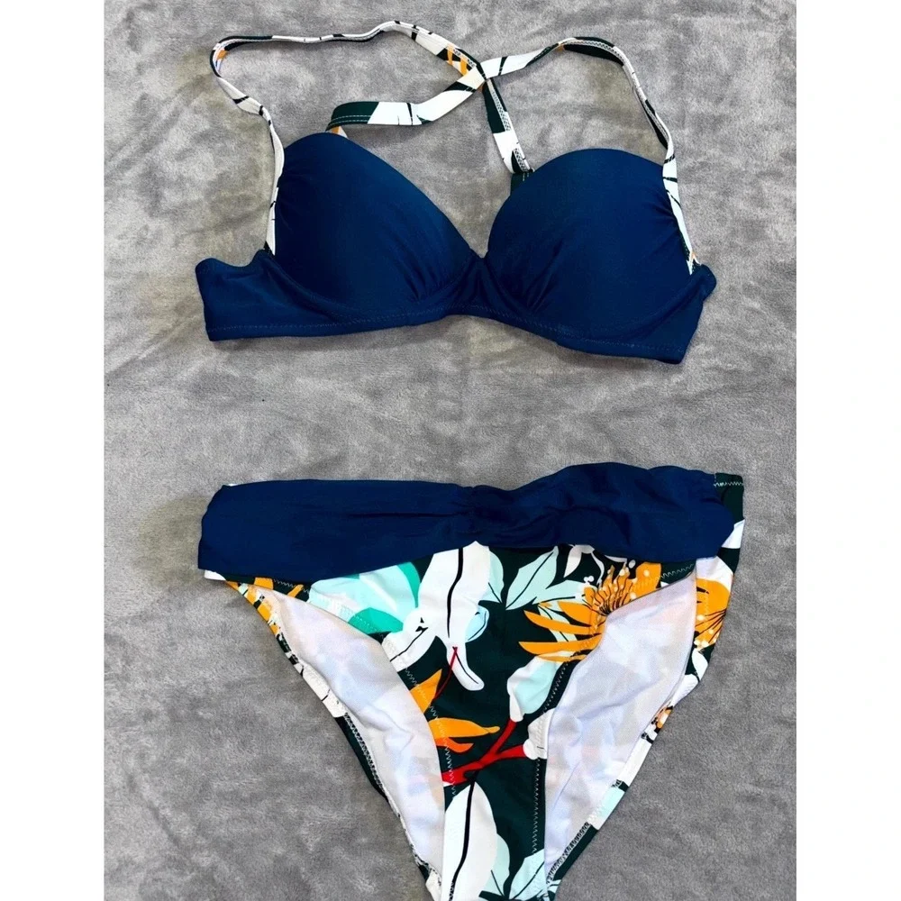 Womens Swimwear High Waisted Bikini Set Small Blue Floral Stretch Beach Padded